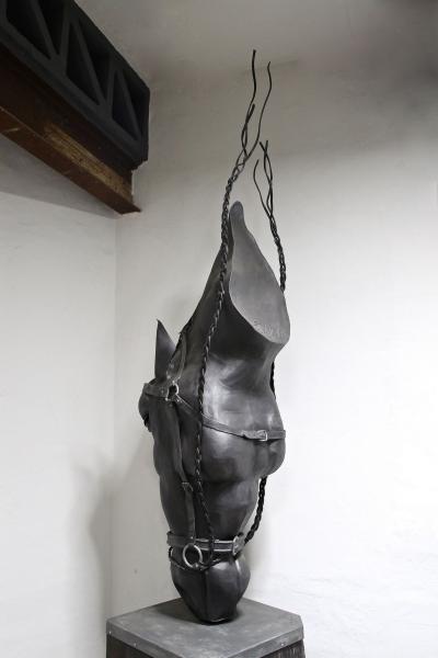 Horse Head Metal Sculpture by G F ssl Handforged On Charred Oak Base AT 2017