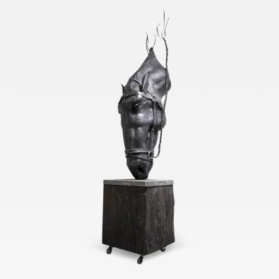 Horse Head Metal Sculpture by G F ssl Handforged On Charred Oak Base AT 2017