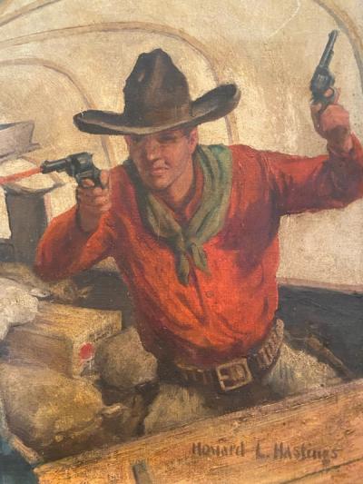 Howard Livingston Hastings GREAT COWBOYS WITH GUNS IN COVERED WAGON PAINTING BY HOWARD L HASTINGS