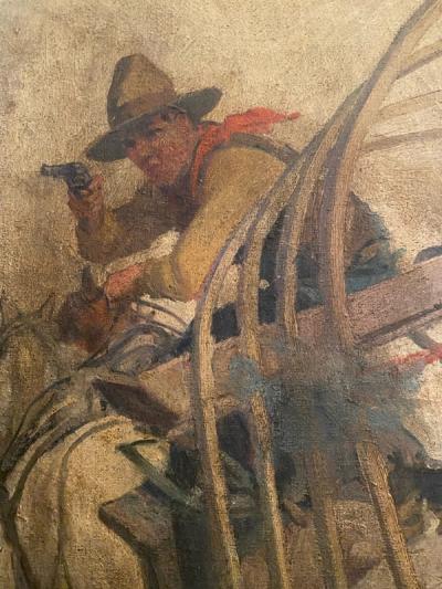 Howard Livingston Hastings GREAT COWBOYS WITH GUNS IN COVERED WAGON PAINTING BY HOWARD L HASTINGS