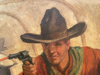 Howard Livingston Hastings GREAT COWBOYS WITH GUNS IN COVERED WAGON PAINTING BY HOWARD L HASTINGS