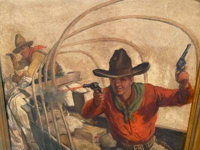 Howard Livingston Hastings GREAT COWBOYS WITH GUNS IN COVERED WAGON PAINTING BY HOWARD L HASTINGS