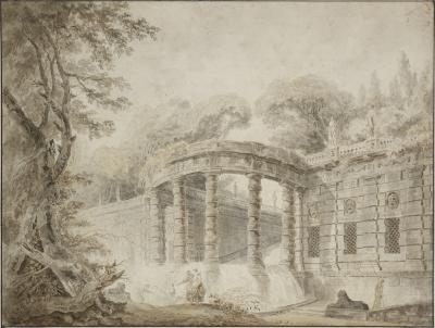 Hubert Robert Pavilion with waterfall an ink wash attributed to Hubert Robert 1733 1808 
