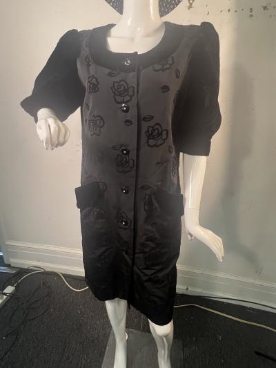 Hubert hy de Givenchy BLACK VELVET FLOWER PRINTED DRESS WITH BLACK RHINESTONE BUTTONS BY GIVENCHY