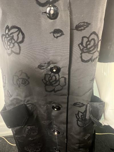 Hubert hy de Givenchy BLACK VELVET FLOWER PRINTED DRESS WITH BLACK RHINESTONE BUTTONS BY GIVENCHY
