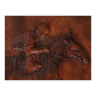 Huge Antique Equestrian Horse Racing Leather Frieze Picture
