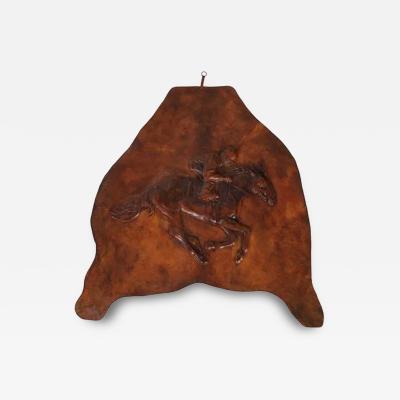 Huge Antique Equestrian Horse Racing Leather Frieze Picture