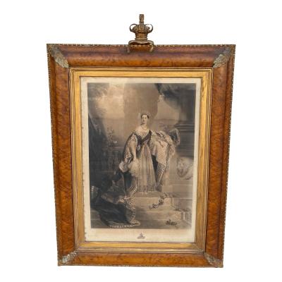 Huge Antique Queen Victoria Coronation Engraving Print in Royal Crown Frame