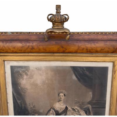 Huge Antique Queen Victoria Coronation Engraving Print in Royal Crown Frame