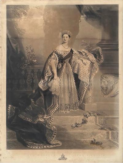 Huge Antique Queen Victoria Coronation Engraving Print in Royal Crown Frame