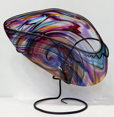 Huge David Goldhagen Studio Blown Art Glass Vessel Custom Iron Stand American