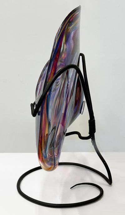Huge David Goldhagen Studio Blown Art Glass Vessel Custom Iron Stand American