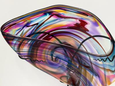 Huge David Goldhagen Studio Blown Art Glass Vessel Custom Iron Stand American