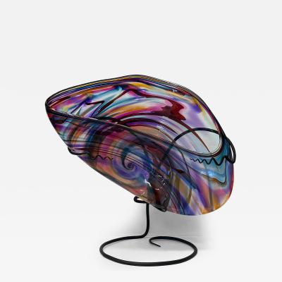 Huge David Goldhagen Studio Blown Art Glass Vessel Custom Iron Stand American