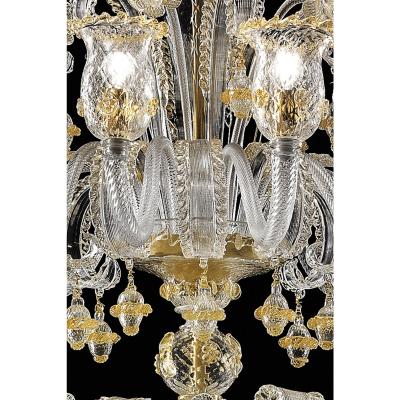 Huge Imperial Venetian Rigadin Murano Glass Chandelier With Gold Trimming