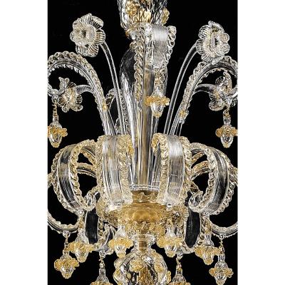 Huge Imperial Venetian Rigadin Murano Glass Chandelier With Gold Trimming