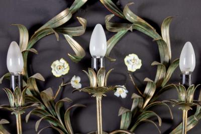 Huge Italian Tole Leaves Wall Light with Colorful Porcelain Flowers 1970