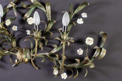 Huge Italian Tole Leaves Wall Light with Colorful Porcelain Flowers 1970