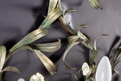 Huge Italian Tole Leaves Wall Light with Colorful Porcelain Flowers 1970