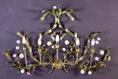 Huge Italian Tole Leaves Wall Light with Colorful Porcelain Flowers 1970