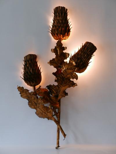 Huge Mid Century Modern Gilt Metal Three Flamed Thistle Flower Sconce 1960s