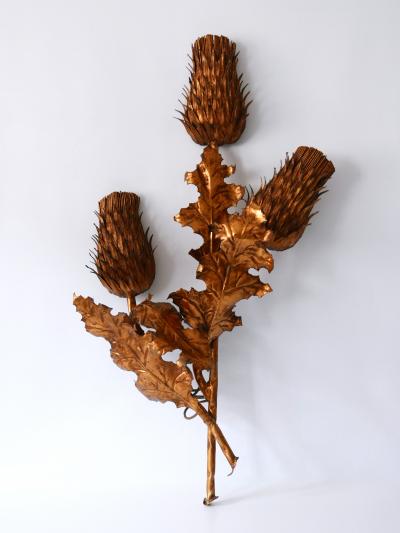 Huge Mid Century Modern Gilt Metal Three Flamed Thistle Flower Sconce 1960s
