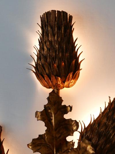 Huge Mid Century Modern Gilt Metal Three Flamed Thistle Flower Sconce 1960s