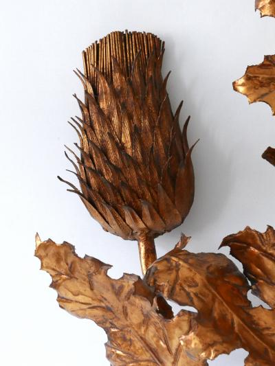 Huge Mid Century Modern Gilt Metal Three Flamed Thistle Flower Sconce 1960s