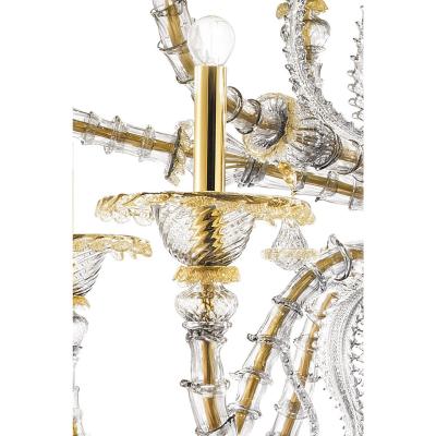 Huge Transparent and Gold Ca Rezzonico With Leaves Murano Glass Chandelier