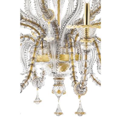 Huge Transparent and Gold Ca Rezzonico With Leaves Murano Glass Chandelier