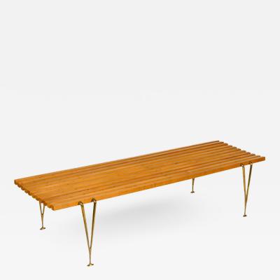 Hugh Acton Walnut Slat Bench with Cast Brass Legs by Hugh Acton USA 1950s