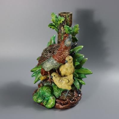 Hugo Lonitz Majolica Partridge and Chicks Candelabra Base