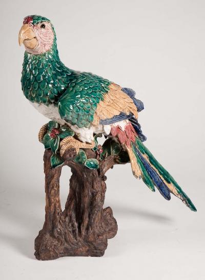 Hugo Lonitz Rare Pair of Majolica Parrots late 19th c 