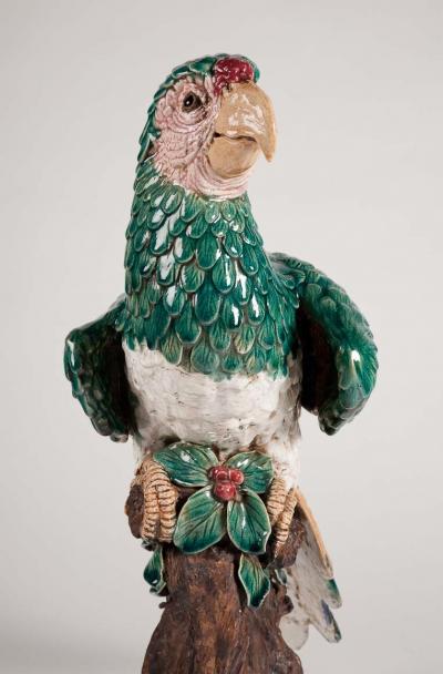 Hugo Lonitz Rare Pair of Majolica Parrots late 19th c 