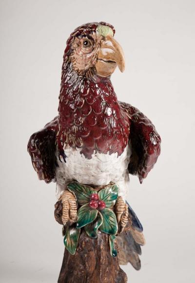 Hugo Lonitz Rare Pair of Majolica Parrots late 19th c 