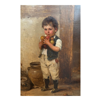 Hugo Oehmichen Antique Oil Painting of a Little Boy the Apple Thief by Hugo Oehmichen