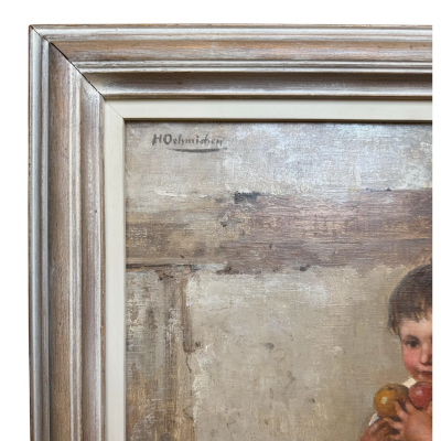 Hugo Oehmichen Antique Oil Painting of a Little Boy the Apple Thief by Hugo Oehmichen