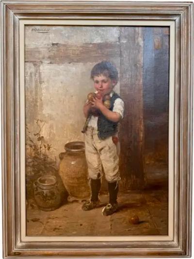 Hugo Oehmichen Antique Oil Painting of a Little Boy the Apple Thief by Hugo Oehmichen