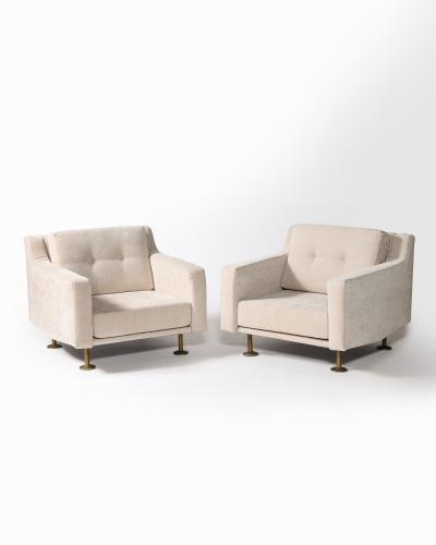 Hugues Steiner New Upholstery and Brass Armchairs by Hugues Steiner France c 1965