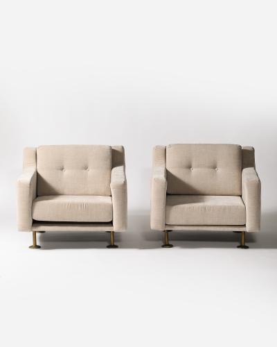 Hugues Steiner New Upholstery and Brass Armchairs by Hugues Steiner France c 1965