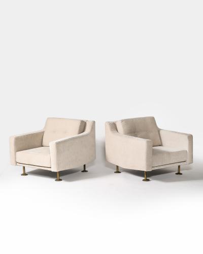 Hugues Steiner New Upholstery and Brass Armchairs by Hugues Steiner France c 1965