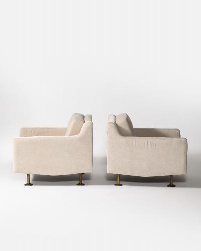 Hugues Steiner New Upholstery and Brass Armchairs by Hugues Steiner France c 1965