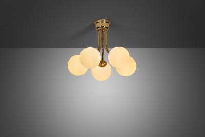 Hyval Five Armed Brass and Glass Ceiling Lamp Finland 1970s