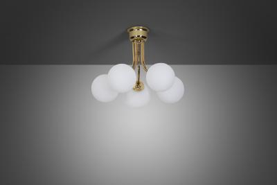Hyval Five Armed Brass and Glass Ceiling Lamp Finland 1970s