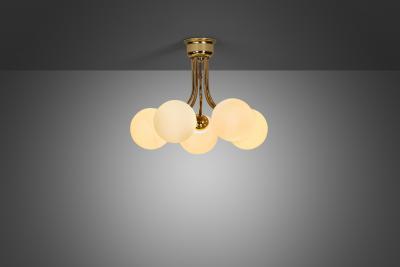 Hyval Five Armed Brass and Glass Ceiling Lamp Finland 1970s