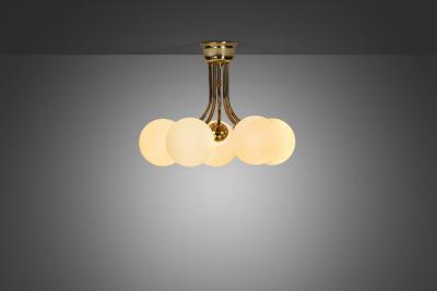 Hyval Five Armed Brass and Glass Ceiling Lamp Finland 1970s