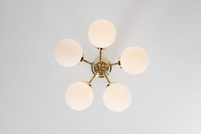 Hyval Five Armed Brass and Glass Ceiling Lamp Finland 1970s