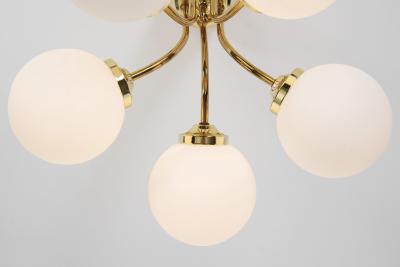Hyval Five Armed Brass and Glass Ceiling Lamp Finland 1970s