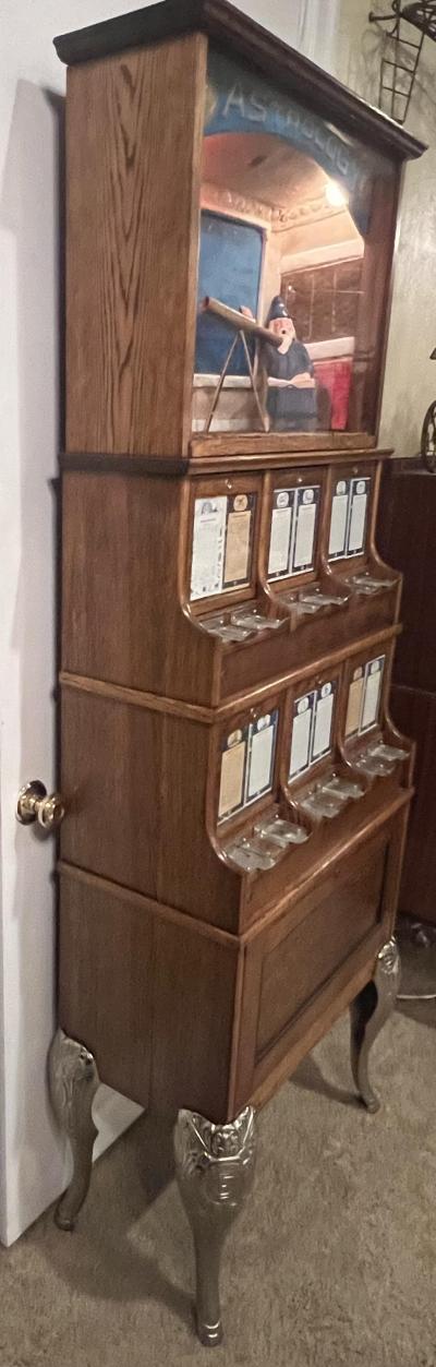 ILLUMINATED CHARMING MYSTERIOUS 1920S 1 CENT ASTROLOGY MACHINE WITH WIZARD