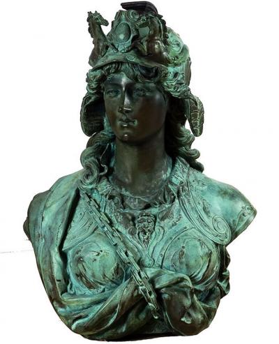 IMPORTANT PAIR OF PATINATED CAST BRONZE SCULPTURES OF BELLONA AND MINERVA